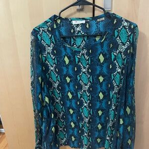 Equipment Teal and Yellow Snake Print Blouse